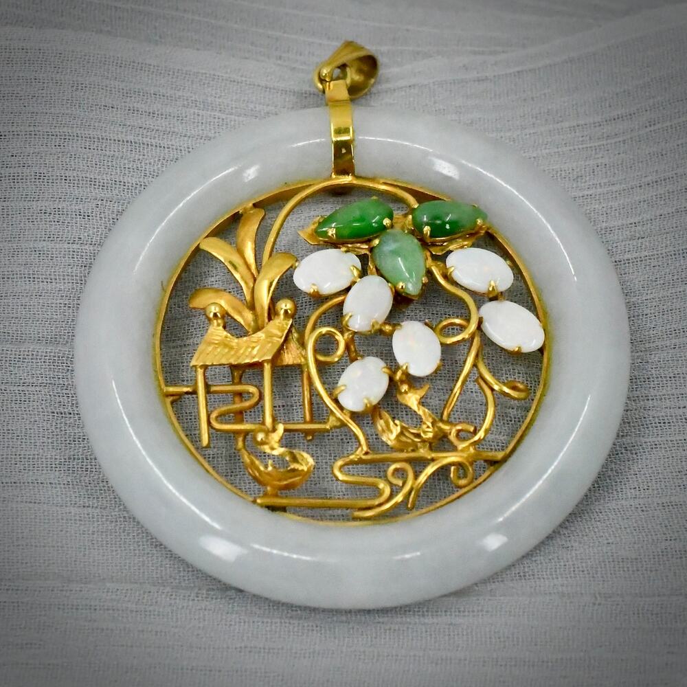 Vintage 14K Gold Jade BiDonut Pendant 48mm Opal Green Jade Hut Tree Scene 23.25g